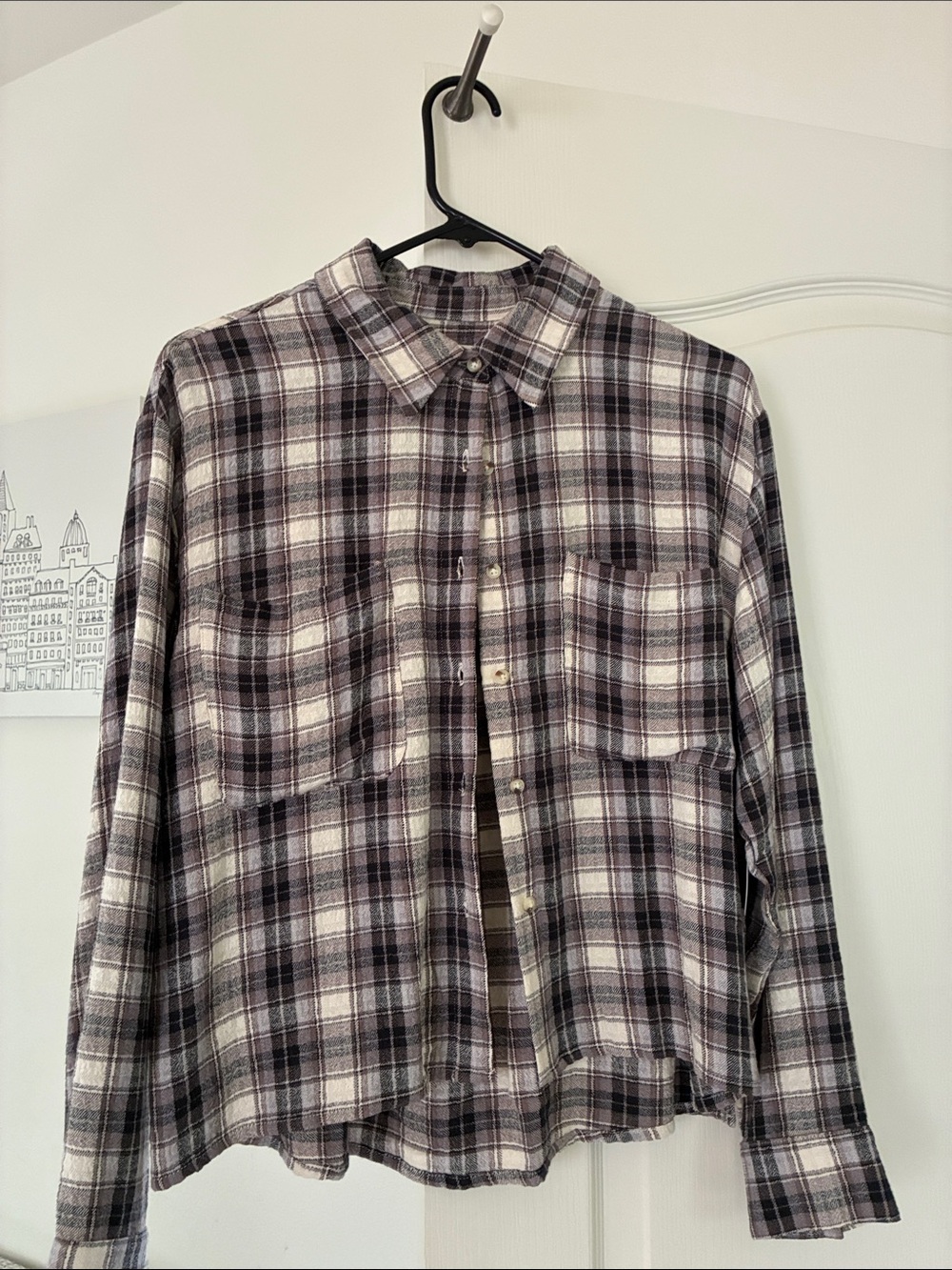 NWT Lucky Brand Cropped Purple, Black, & Off White Plaid Button-Down Shirt